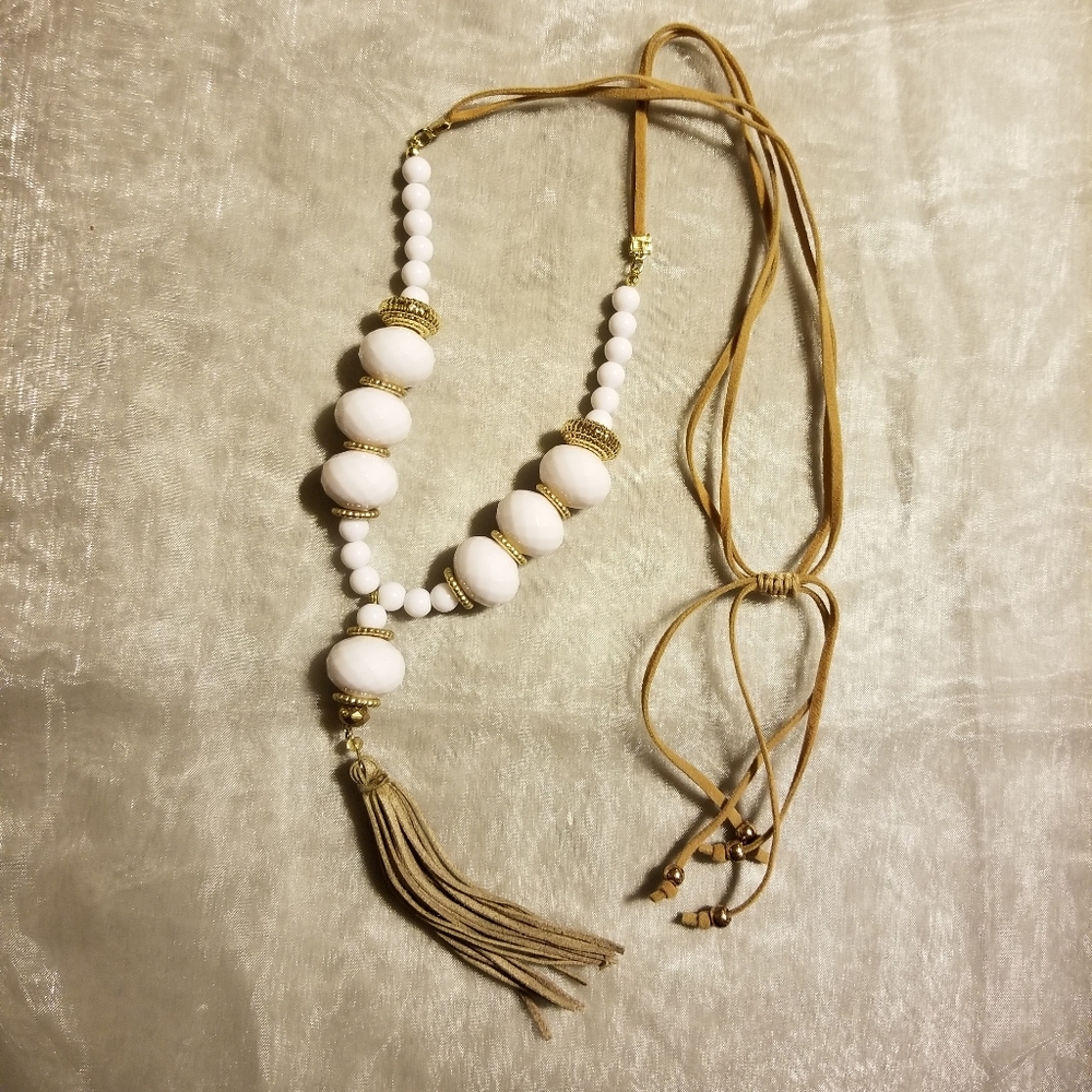White Bead & Suede Necklace